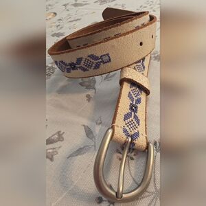 Vintage Cream Crackled Leather Belt Hand-Stamped Blue Motif Minimalist Hardware